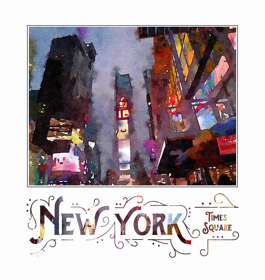 Times Square Digital Art - New York City Late Night Times Square Digital Watercolor by Beverly Claire Kaiya