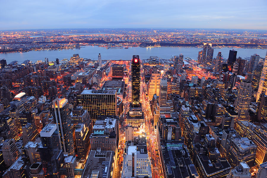 New York City Manhattan skyline aerial view at dusk Photograph by Songquan Deng
