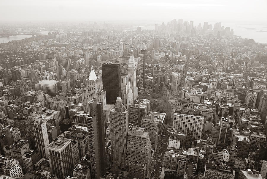 New York City Manhattan skyline aerial view black and white Photograph by Songquan Deng