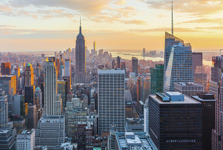 New York City, Manhattan Sunset Aerial Photograph by Deimagine