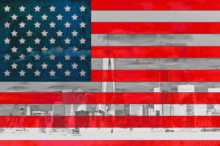 New York City Outline On American Flag Digital Art by Dan Sproul
