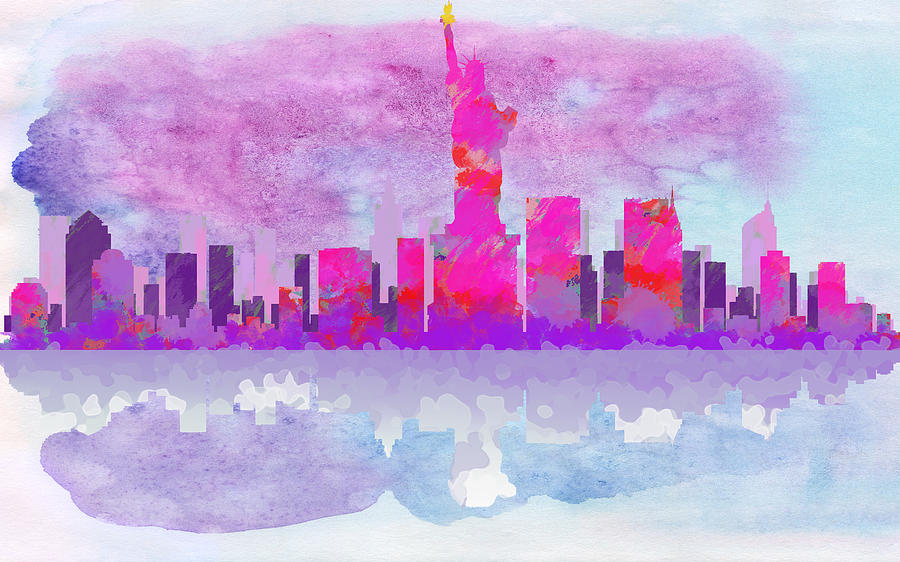 New York City Silhouette - Hot Pink and Purple Digital Art by Paulette B Wright