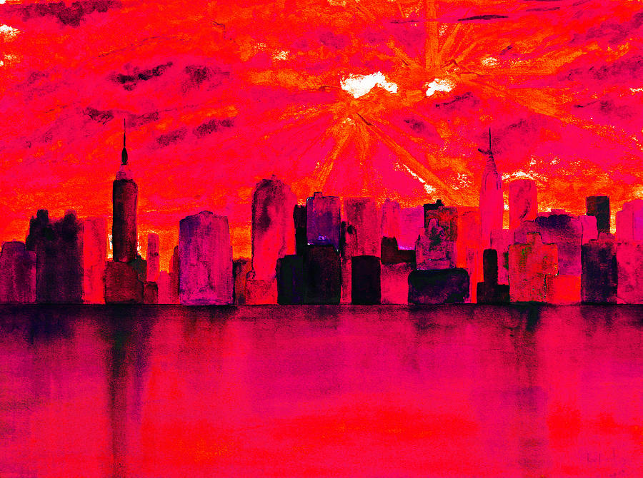 Yonkers Painting - New York City Skyline Red by Ken Figurski