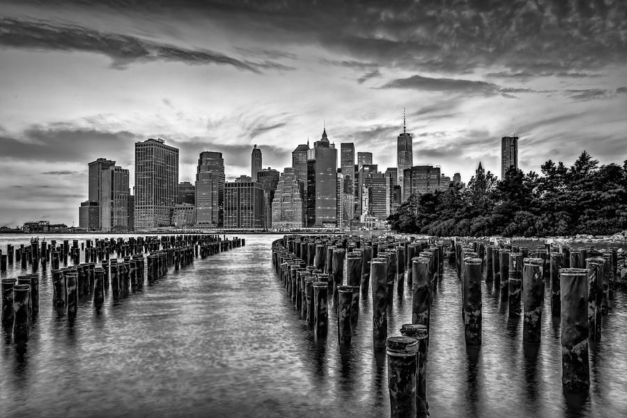 New York City Skyline Sunset Hues BW Photograph by Susan Candelario