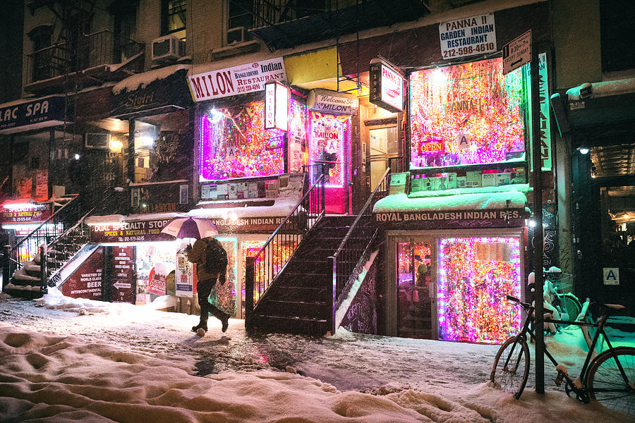 New York City - Snow and Colorful Lights at Night Photograph by Vivienne Gucwa