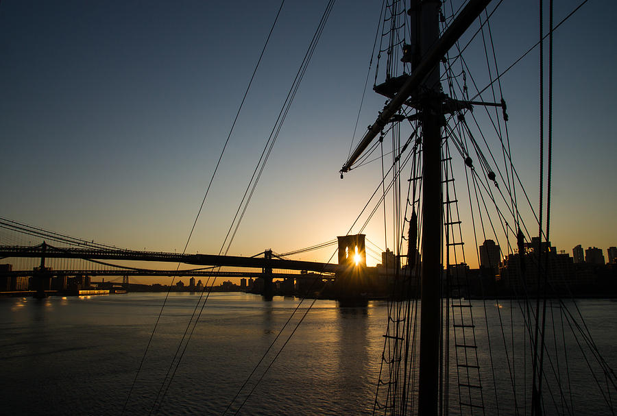 New York City Sunrise - Tall Ships and Brooklyn Bridge Photograph by Georgia Mizuleva