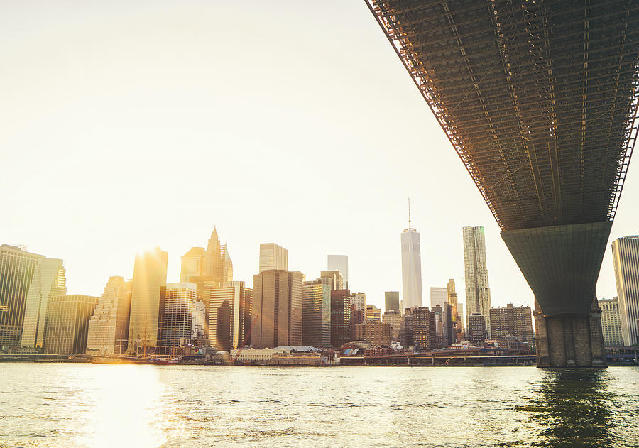 New York City - Under the Brooklyn Bridge - Skyline Sunset  Photograph by Vivienne Gucwa