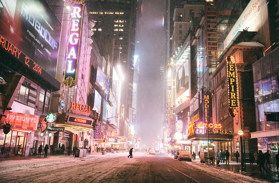 New York City - Winter Night - Times Square in the Snow Photograph by Vivienne Gucwa