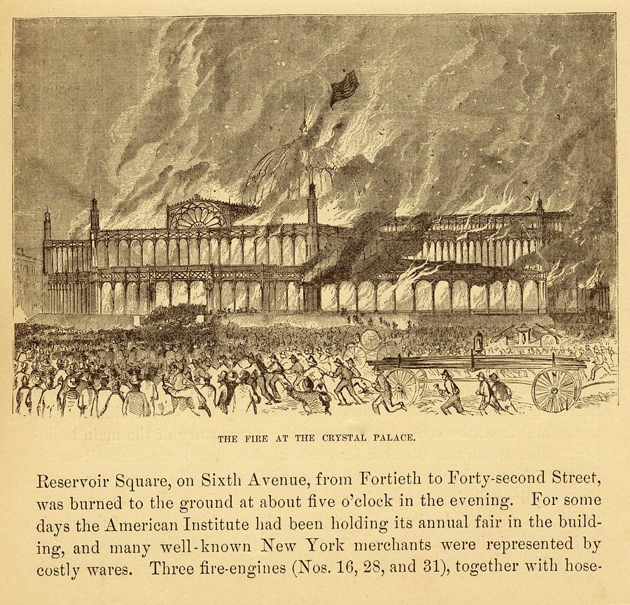 Black And White Photograph - New York Crystal Palace On Fire by Mid-manhattan Picture Collection/new York Public Library