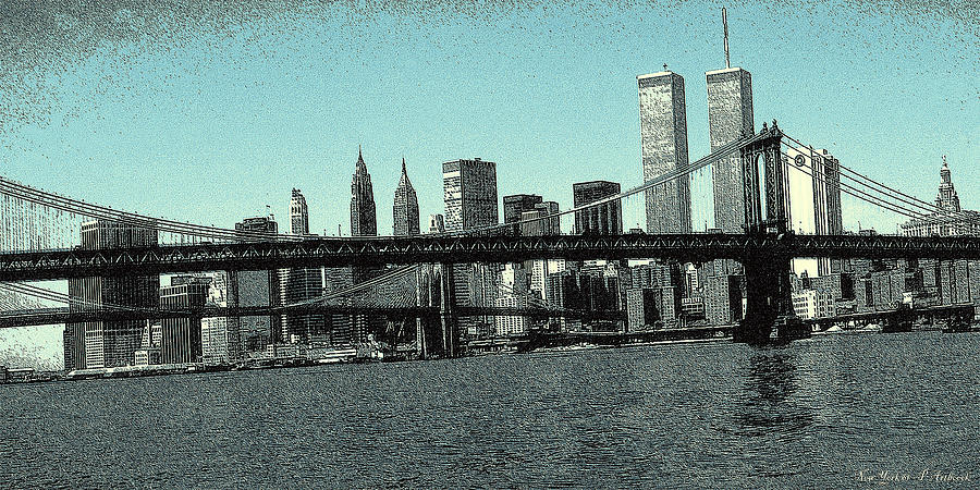 New York Downtown Manhattan Skyline - Blue Panorama Drawing by Peter Potter