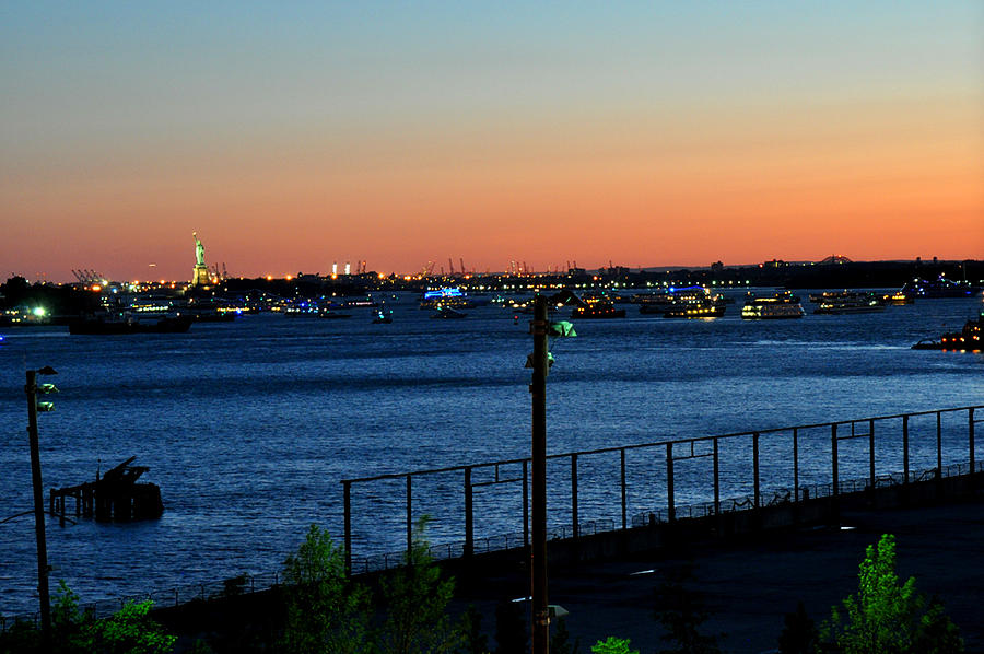 New York Harbor and Statue of Liberty at sunset Photograph by Diane Lent