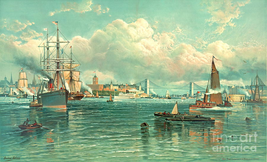 New York Harbor with Brooklyn Bridge 1887 Photograph by Padre Art