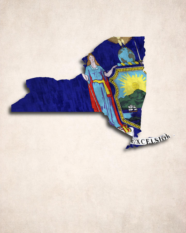New York Map Digital Art - New York Map Art with Flag Design by World Art Prints And Designs