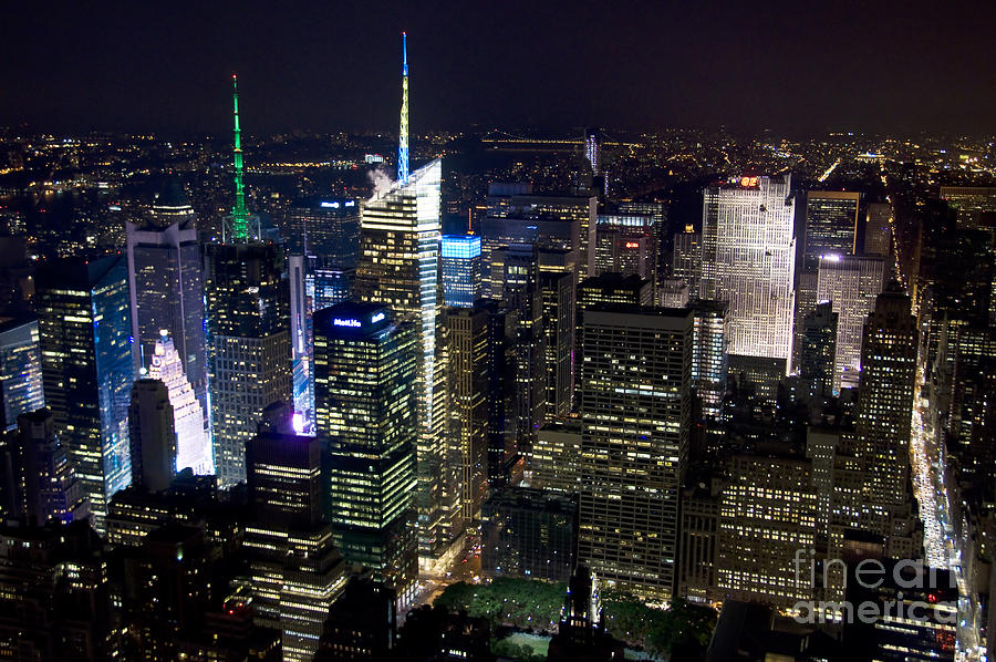 Skyscraper Photograph - New York lights at night by Delphimages Photo Creations