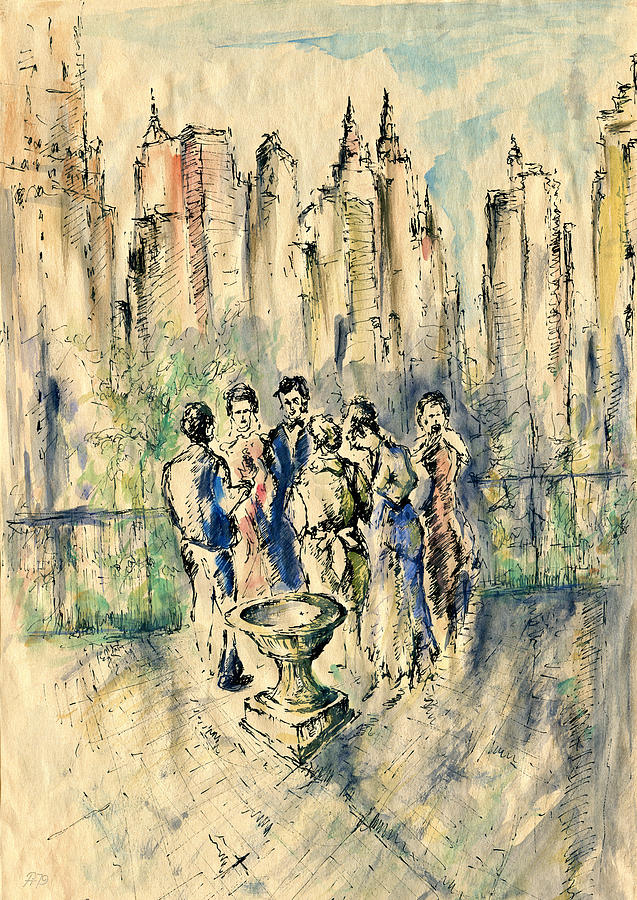 New York Roof Party 79 - Watercolor Ink Drawing Drawing by Peter Potter