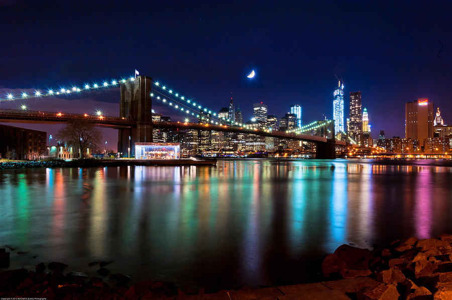 New York Skyline and Brooklyn Bridge with Crescent Moon Rising Photograph by Mitchell R Grosky