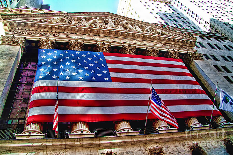 New York Stock Exchange With Us Flag Photograph