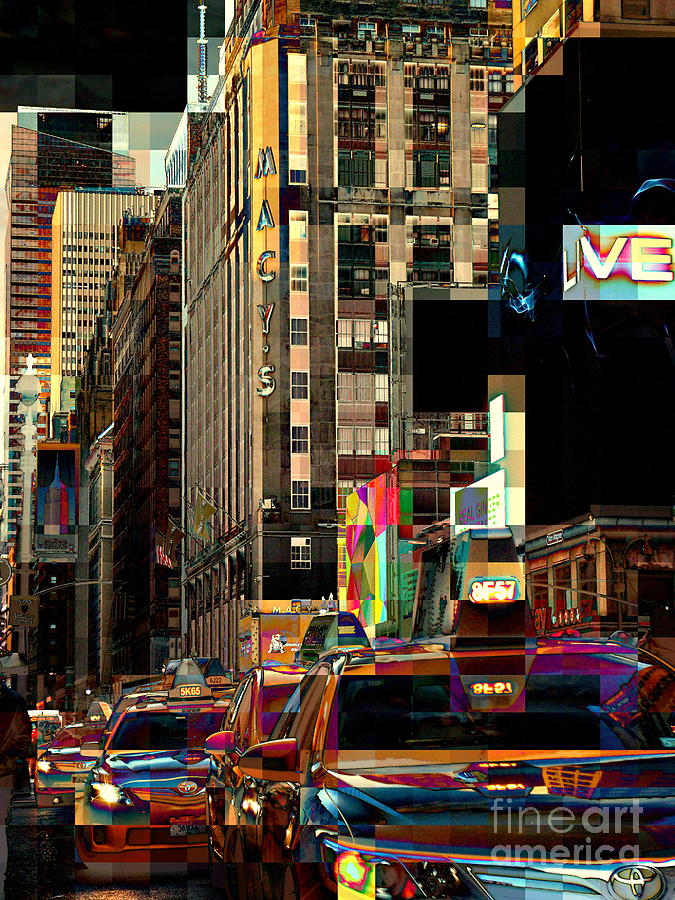 Abstract Photograph - New York Street Scene - Macys and Taxis on 7th Avenue by Miriam Danar