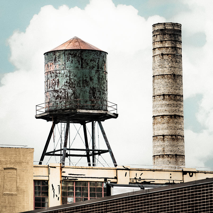 City Scene Photograph - Water Tower and SmokeStack in Brooklyn New York - New York Water Tower 12 by Gary Heller