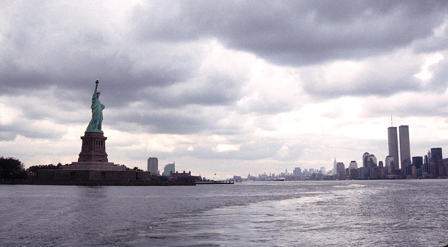New York Harbor Panorama Twin Towers and Statue Photograph by Tom Wurl