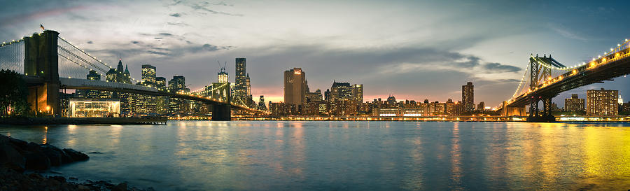 New York City Photograph - New York City - Brooklyn Bridge to Manhattan Bridge Panorama by Thomas Richter