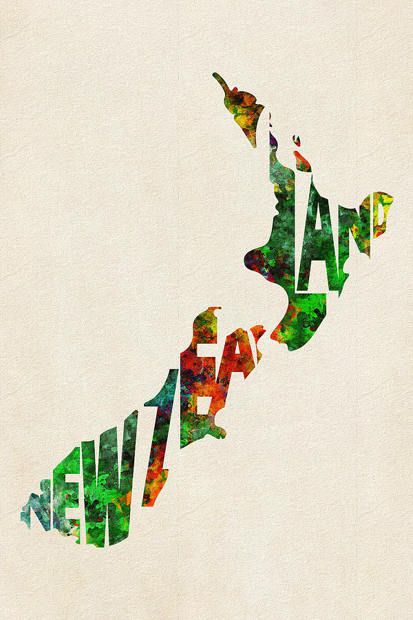 New Zealand Typographic Watercolor Map Digital Art by Inspirowl Design