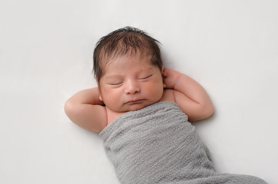 Newborn Baby Boy Swaddled in Gray Wrap Photograph by Katrinaelena