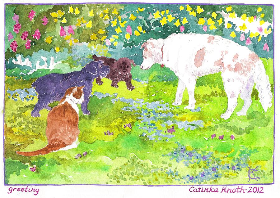 Newcomer Scottie puppies meet oldtimers dog and cat in spring garden Painting by Catinka Knoth