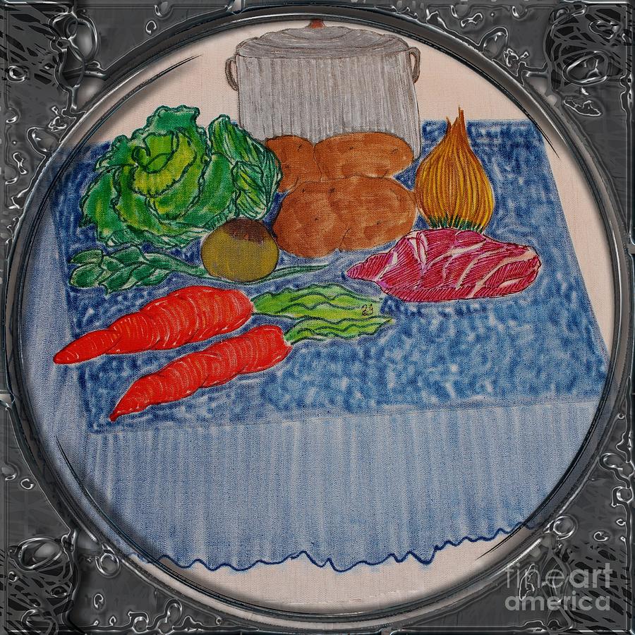 Cabbage Drawing - Newfoundland Jiggs Dinner - Porthole Vignette by Barbara A Griffin