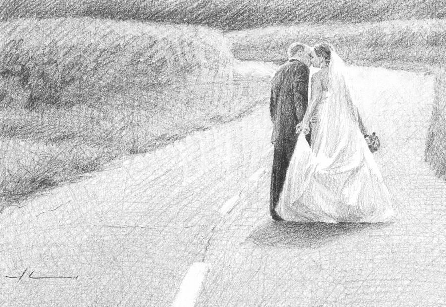 Newlyweds Walking Kissing Pencil Portrait Drawing by Mike Theuer Newlyweds Walking Kissing Pencil Portrait Drawing by Mike Theuer