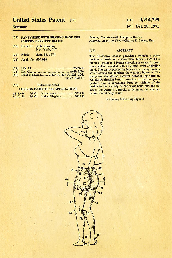 Unique Photograph - Newmar Pantyhose Patent Art 1975 by Ian Monk