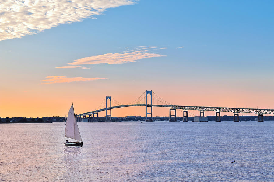 Newport Bridge Twilight Sunset With Sailboat Rhode Island Usa Photograph