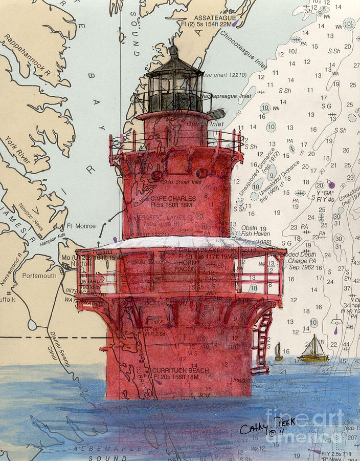 Newport News Middle Ground Lighthouse VA Cathy Peek Nautical Chart Map Art Painting by Cathy