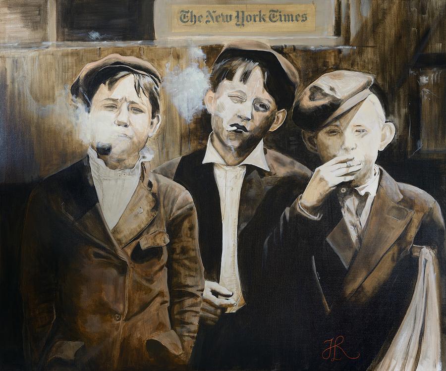 Newspaper boys Painting by Helgunn Ravonsheed