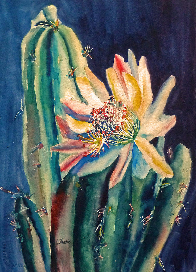 Night Blooming Cactus Painting by Carolyn Jarvis