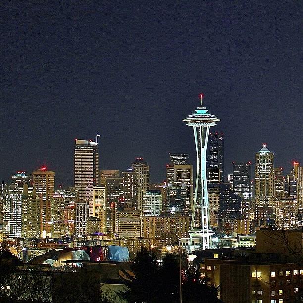 Nature Photograph - Night City View Of The Space Needle by Tony Castle