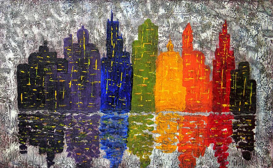 Night cityscape Reflections original palette knife painting Painting by Georgeta Blanaru