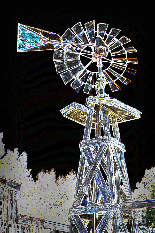 Night Drawing Windmill Antique in Color 3005.04 Mixed Media by M K Miller