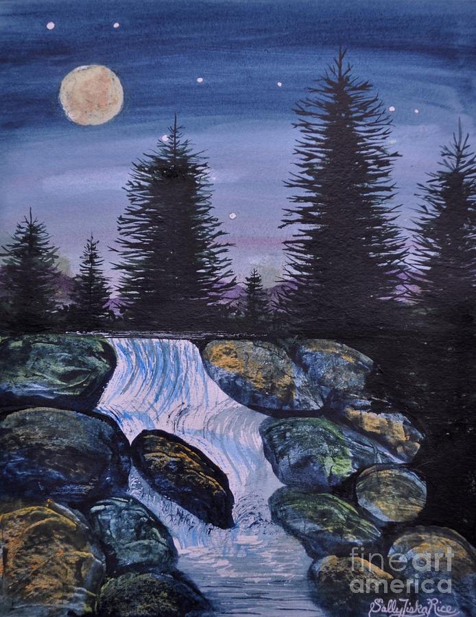 Waterfall Painting - Night Falls by Sally Tiska Rice