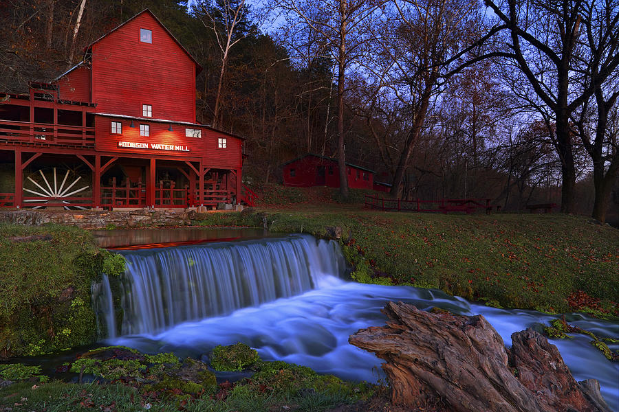 Night Falls upon the Old Hodgson Water Mill - Missouri - Waterfall Photograph by Jason Politte