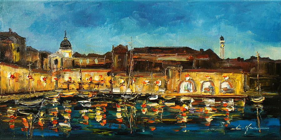 Night in Dubrovnik harbour Painting by Luke Karcz
