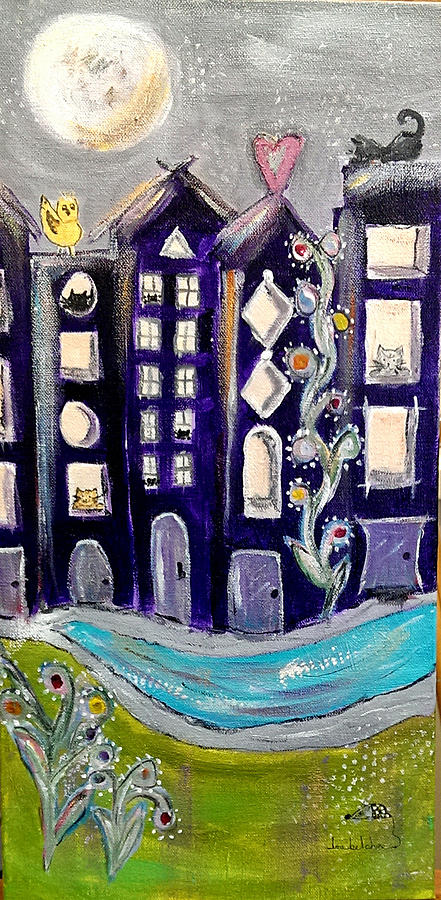 Night KittyScape Painting by Lou Belcher