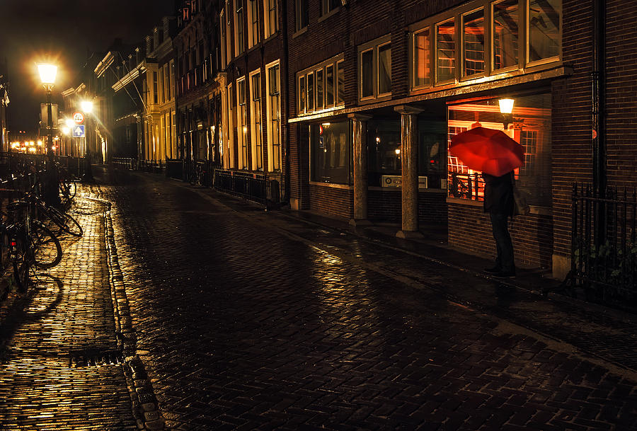 Night Lights of Utrecht. Orange Umbrella. Netherlands Photograph by Jenny Rainbow
