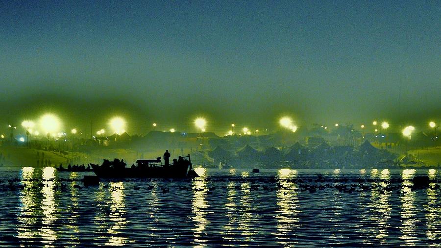 Night Lights on the Ganges - Kumbhla Mela - Allahabad Photograph by Kim Bemis