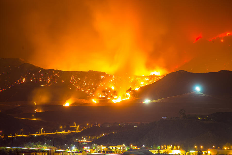 Night long exposure photograph of the Santa Clarita wildfire Photograph by FrozenShutter