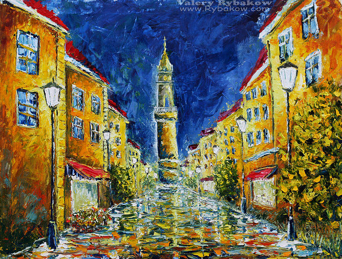 Night Oil painting Walk through the city Bautzen in Germany Buy