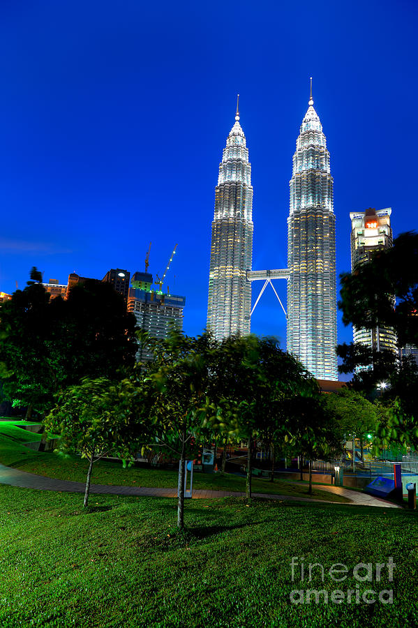 Sunset Photograph - Night on Kuala Lumpur KLCC Petronas Towers by Fototrav Print