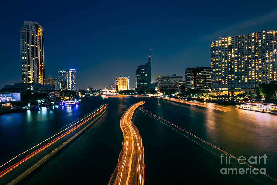 Transportation Photograph - Night River Scene through Bangkok by Fototrav Print