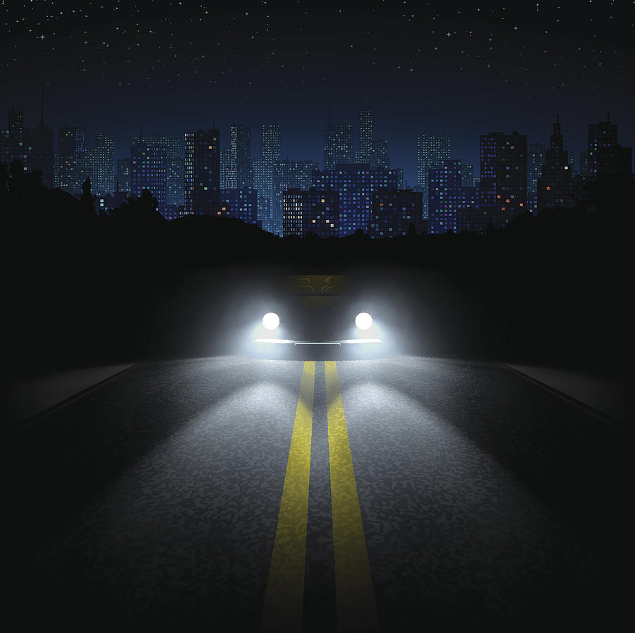 Night Road with the Car and the City on the Horizon Drawing by Magnilion
