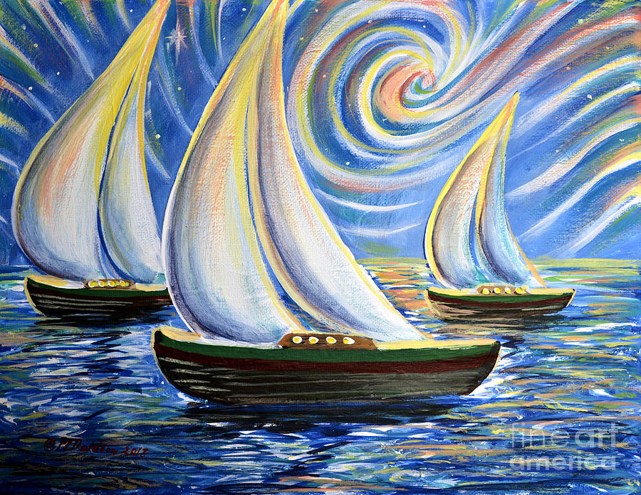 Boat Painting - Night Sailing Aurora Winds by Pat Davidson